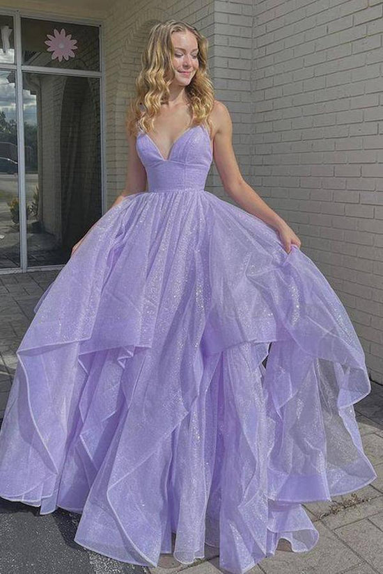 Puffy Lavender V Neck Long Prom Dress Shiny Backless Evening Dress