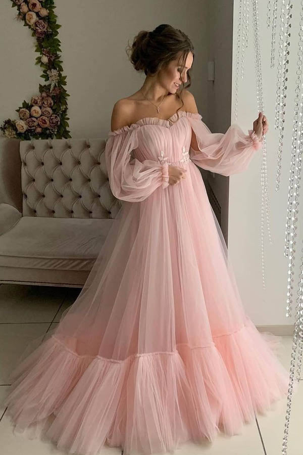 Puffy Long Sleeve Tulle Prom Dress Long Evening Dress