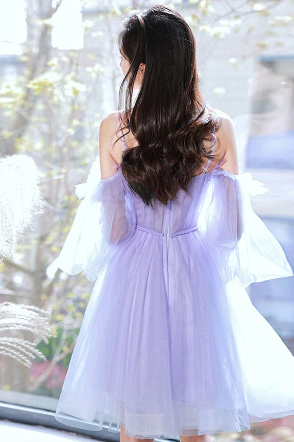 Puffy Purple Tulle Fairy Homecoming Dress With Sleeve WD260 winkbridal