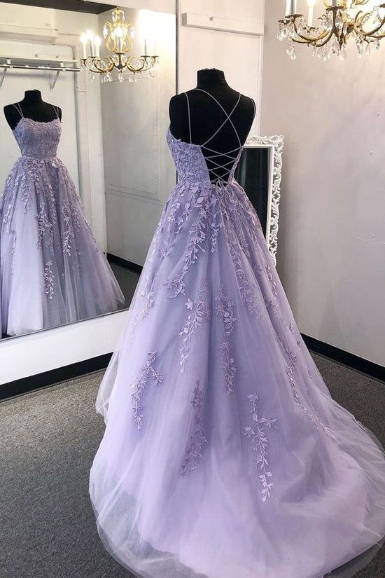Purple A-line Tulle Lace Long Prom Dresses Straps Graduation Dresses