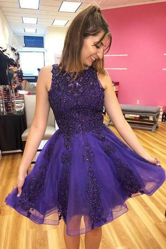 Purple Tulle A-line Short Homecoming Dress With Lace Appliques
