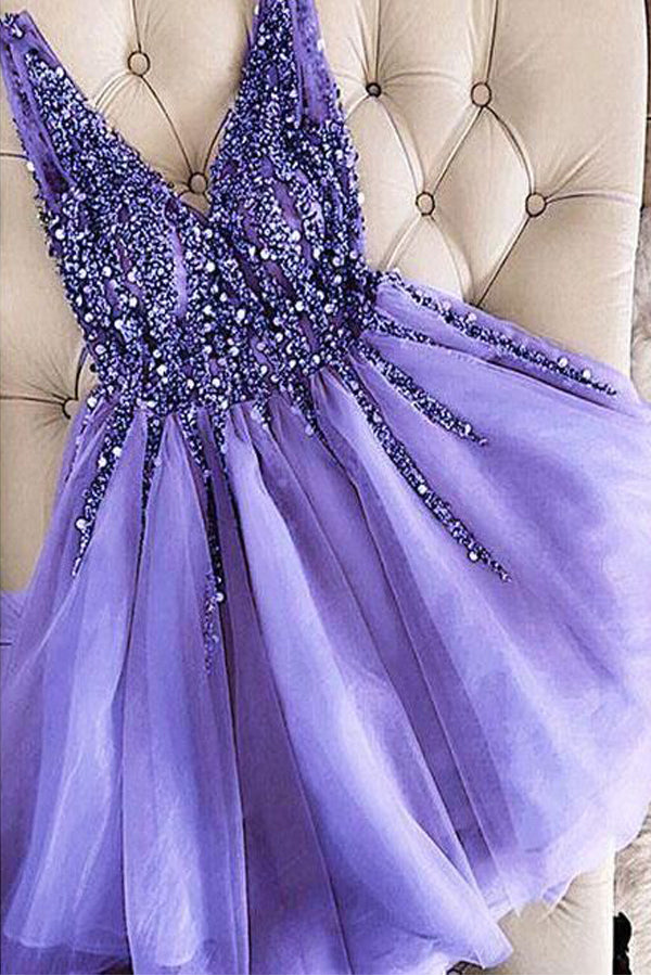 Purple Tulle A-Line V Neck Short homecoming Dress With Beading 