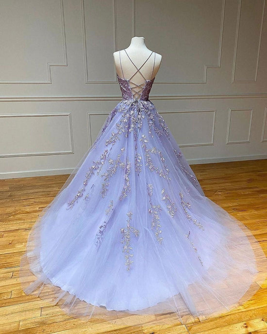 Purple Tulle Cross Back Long Prom Dress With Lace Appliques