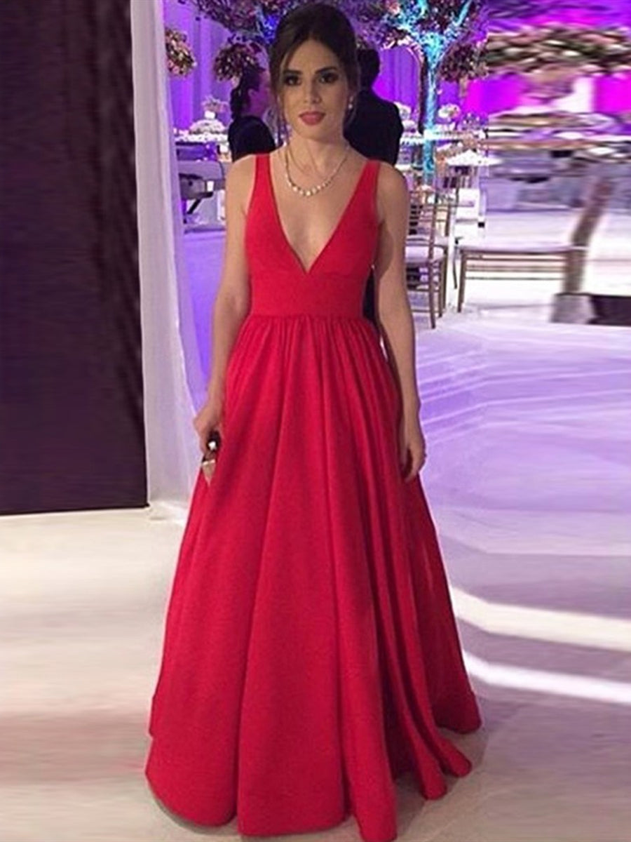 Load image into Gallery viewer, Red A Line V Neck Backless Long Prom Dresses, V Neck Red Formal Dresses, Red Evening Graduation Dresses
