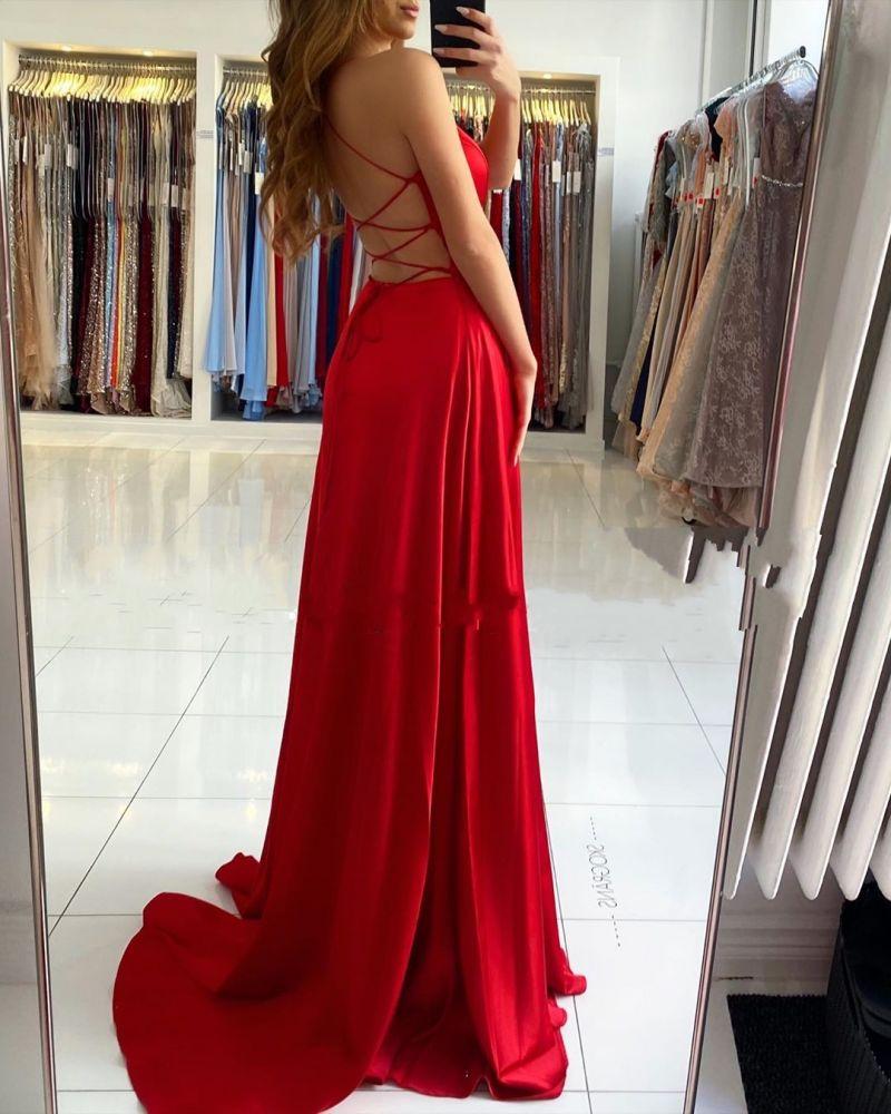 Red V-Neck Prom Dress With Split: