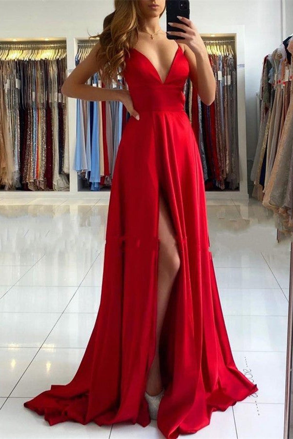 Red V-Neck Prom Dress With Split: