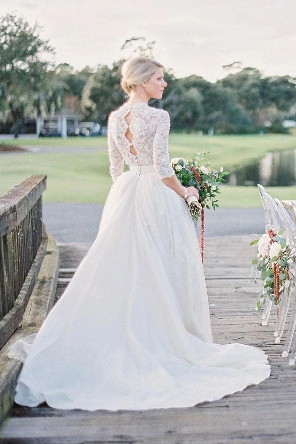 Romantic 3/4 Sleeve Beaded  Ivory Tulle Wedding Dress With Lace Top