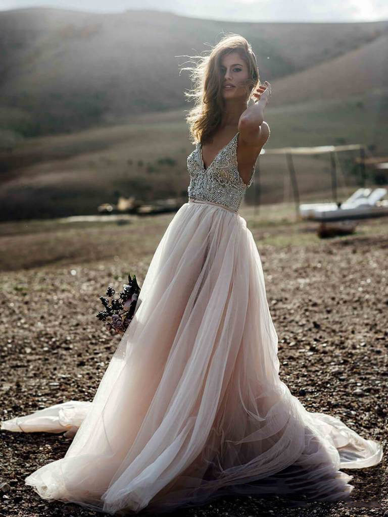 Romantic Champagne Beading Wedding Dress Backless Bridal Dress
