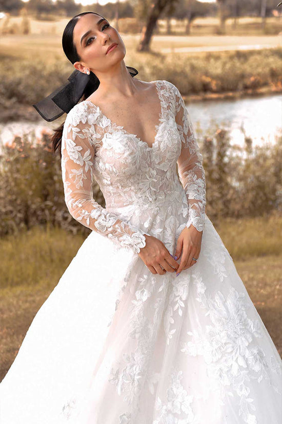 Romantic Long Sleeve Wedding Dress Ivory Lace Bridal Gown