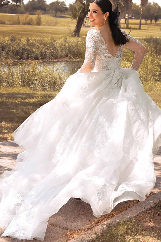 Romantic Long Sleeve Wedding Dress Ivory Lace Bridal Gown