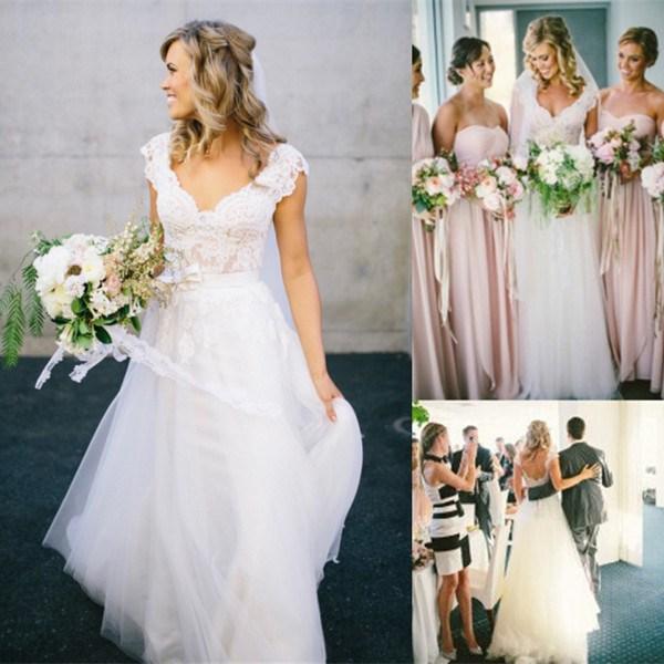 Romantic V-neck White Tulle Princess Wedding Dress Lace Bowknot
