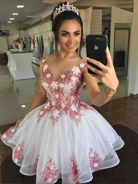 Round Neck Short White Prom Dresses with Lace Flowers, Lace Floral Homecoming Dresses, White Formal Evening Dresses 