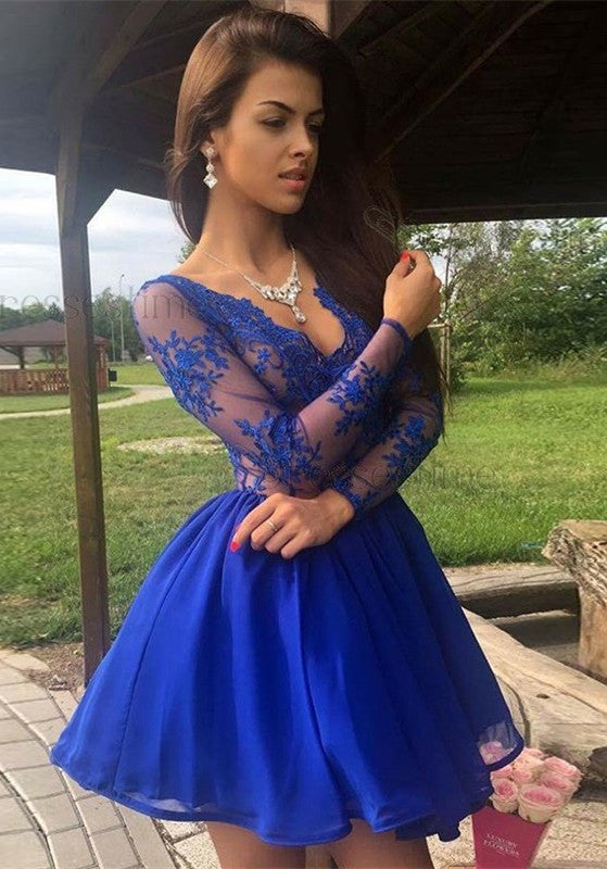 Royal-Blue Long-Sleeve Short Prom Dress | Lace Homecoming Dress BA9184