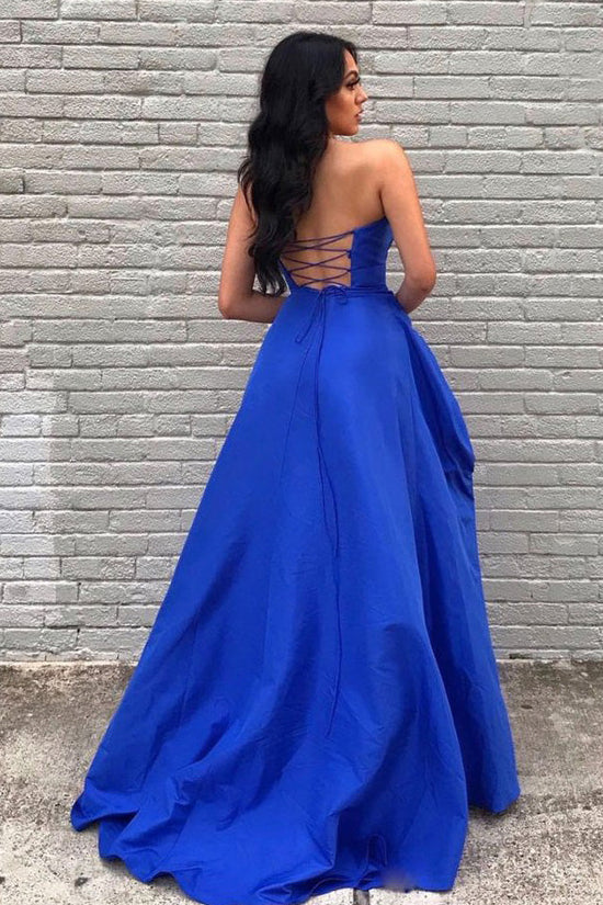 Royal Blue Satin Strapless Long Prom Dress Slit Evening Dress