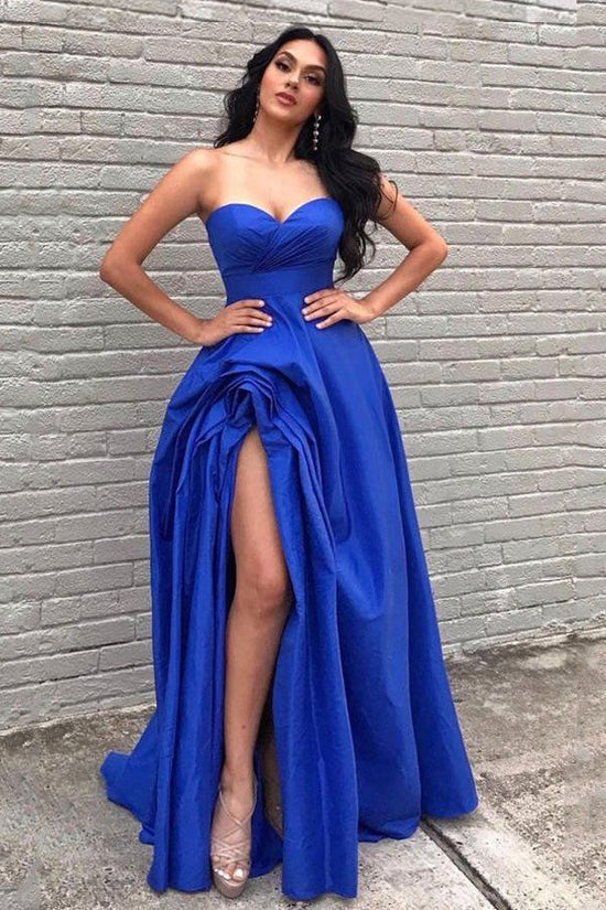 Royal Blue Satin Strapless Long Prom Dress Slit Evening Dress