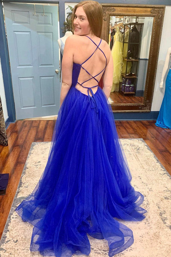 Royal Blue Tulle A-Line Long Prom Dress With Slit