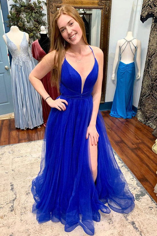 Royal Blue Tulle A-Line Long Prom Dress With Slit