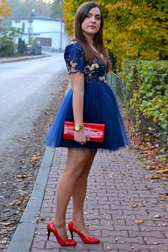 Royal Blue Tulle Short Homecoming Dress With Lace Appliques