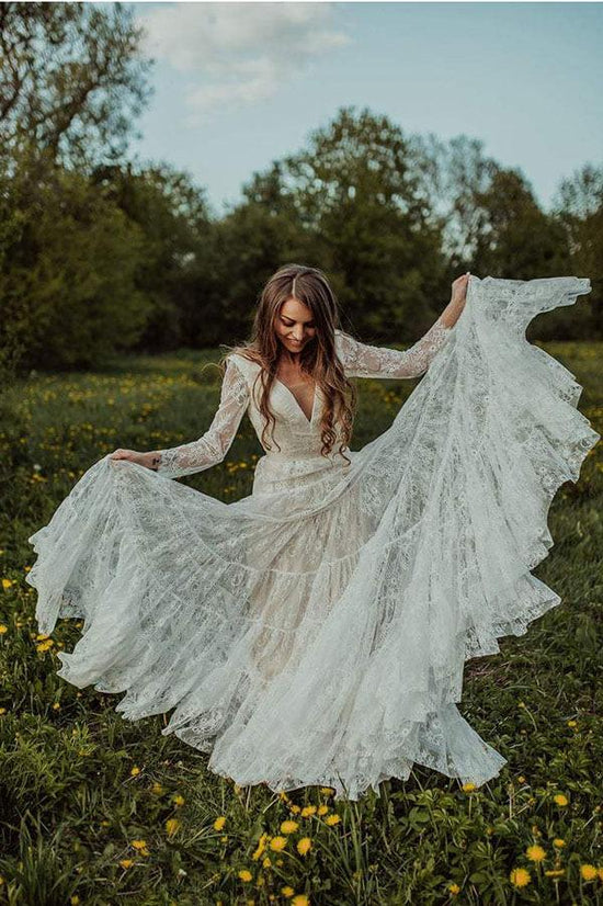 Rustic Long Sleeve Lace Wedding Dress Ivory Bridal Gown