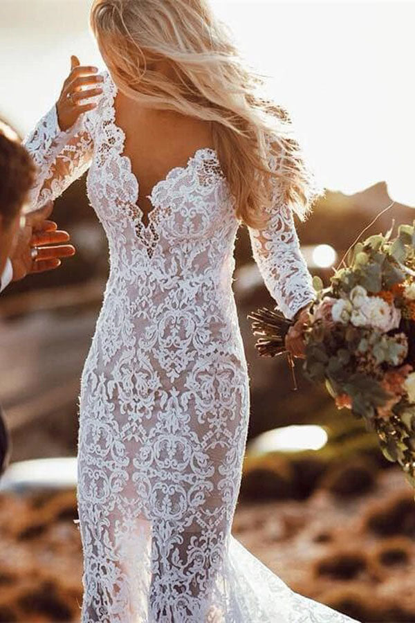 Rustic Mermaid Long Sleeve White Lace wedding Dress