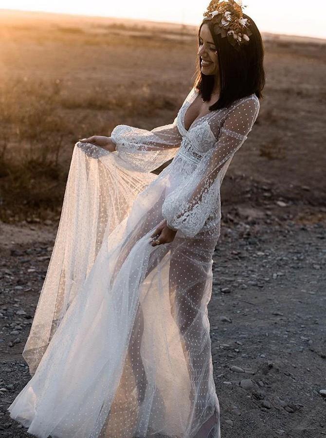 Rustic Polka Dot Lace Wedding Dress See Through Boho Bridal Dress