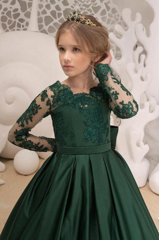 Satin Dark Green Jewel Lace Backless Flower Girl Dresses With Bow| Long Sleeves Floor Length Girl Party Dresses