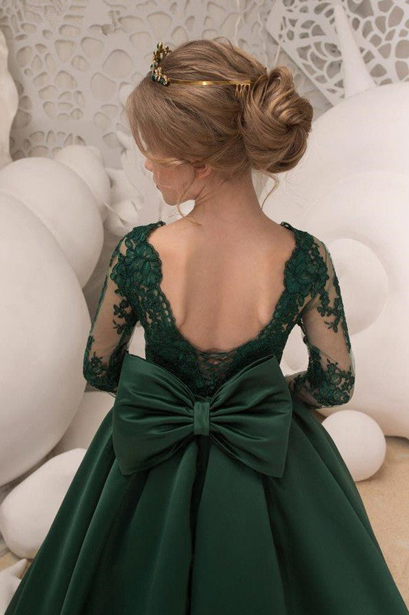 Satin Dark Green Jewel Lace Backless Flower Girl Dresses With Bow| Long Sleeves Floor Length Girl Party Dresses