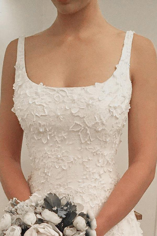 Scoop Neck White Lace Wedding Dress Backless Bridal Gown