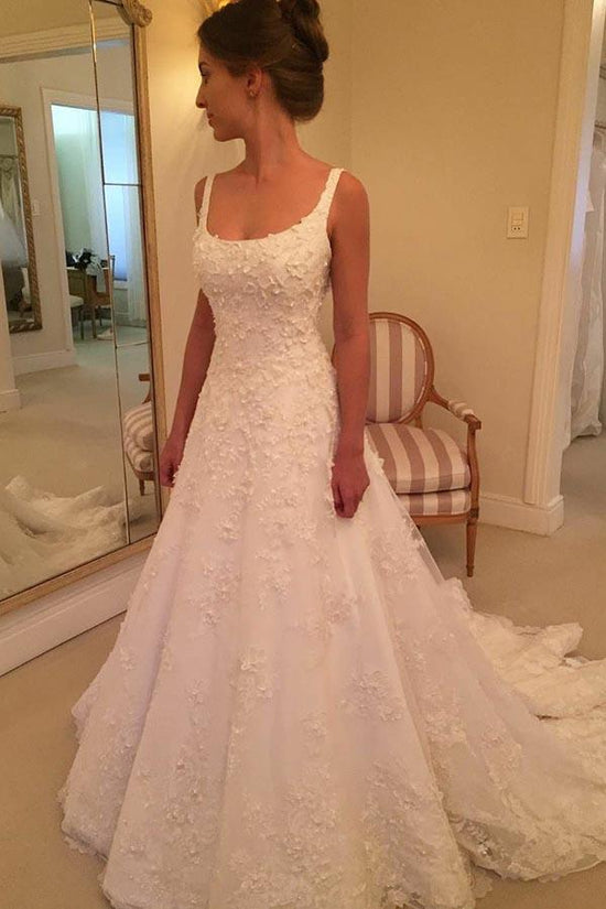 Scoop Neck White Lace Wedding Dress Backless Bridal Gown