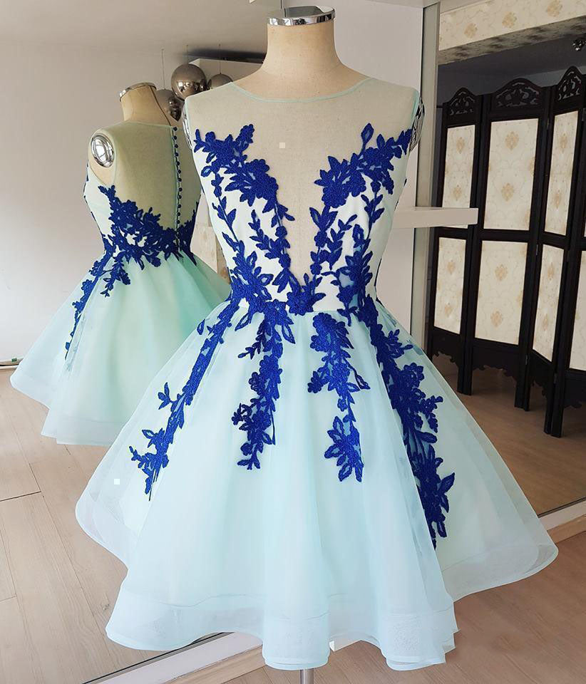 See Through Blue Tulle A-Line Homecoming Dress With Lace Appliques WD200