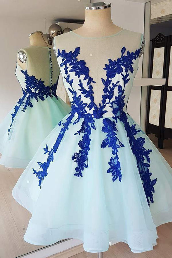 See Through Blue Tulle A-Line Homecoming Dress With Lace Appliques WD200