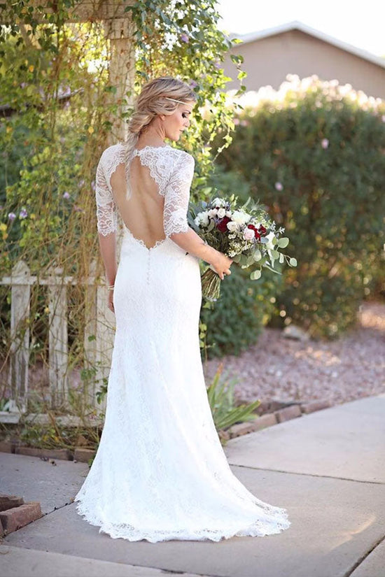 See Through Lace Half Sleeve Beach Wedding Dress