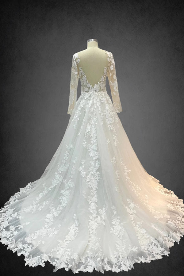 See Through Long Sleeve Wedding Dress With Lace Appliques WW264