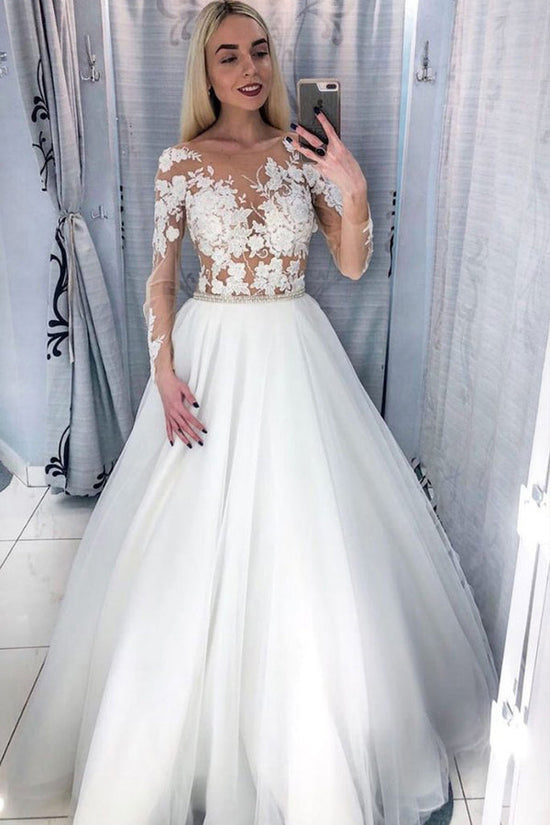 See Through Long Sleeve White Tulle Wedding Dress Illusion Neck Bridal Gown 