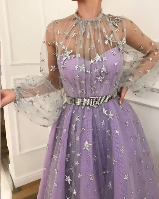 See Through Puff Sleeve Lilac Star Lace Prom Dress With Belt
