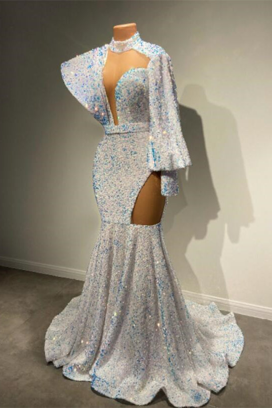 Sequined Mermaid Prom Dress with High Neck and Long Sleeves