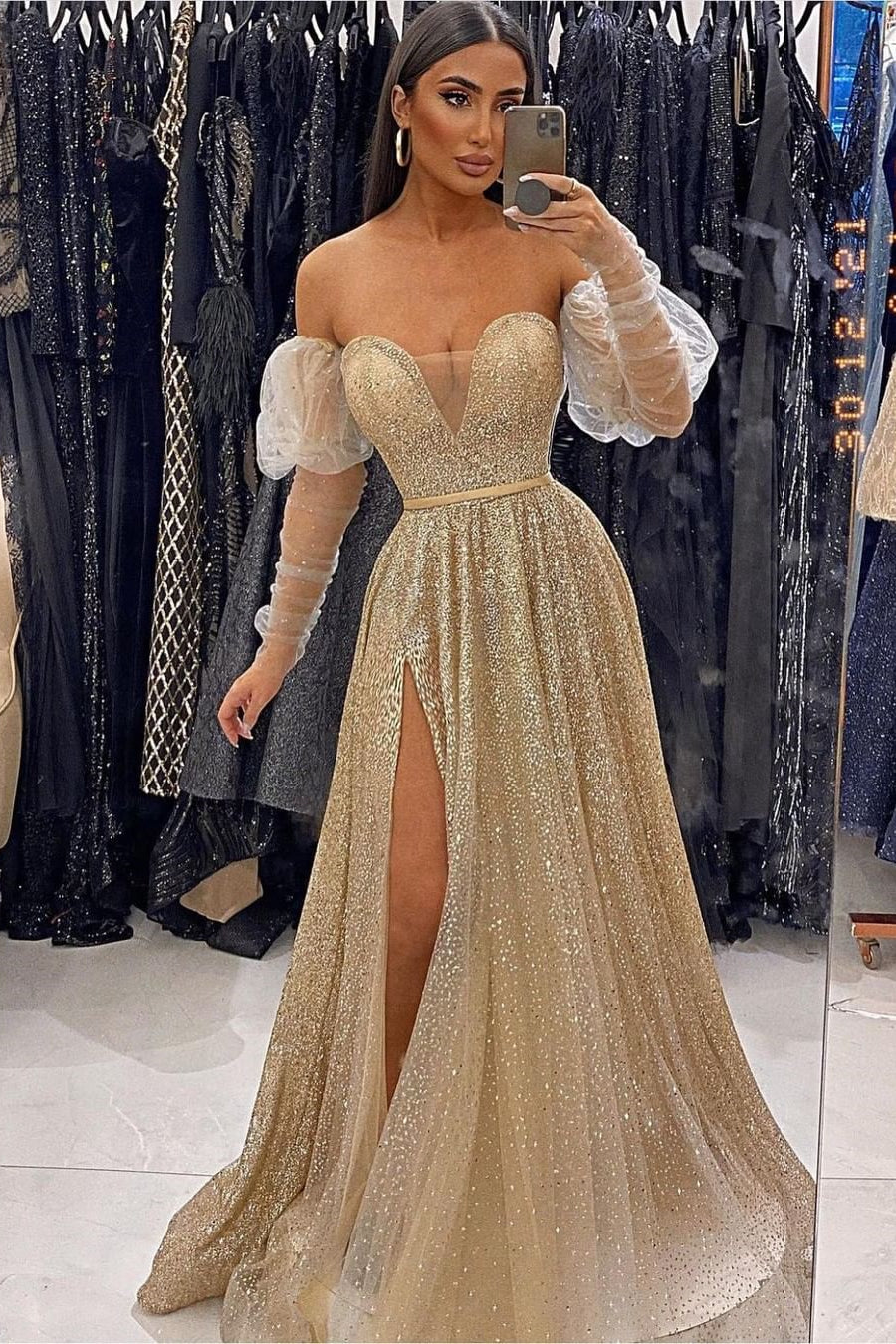 Sequins Champagne V-Neck Evening Dress with Front Split and Long Sleeves