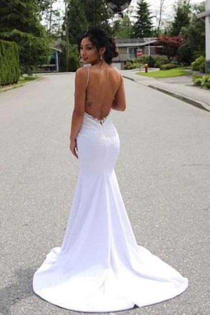 Sexy Backless Satin Wedding Dress With Lace Appliques