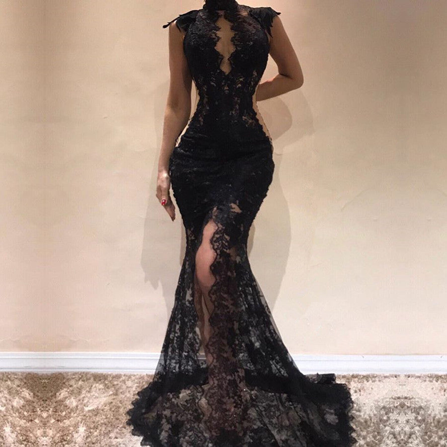 Sexy Black Lace Evening Dresses | Mermaid Cap Sleeve Prom Gowns
