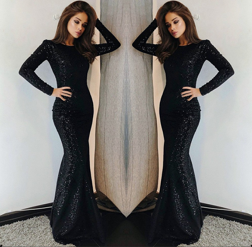 Sexy Black Sequins Prom Dresses | Long Sleeve Mermaid Evening Gowns BC0376