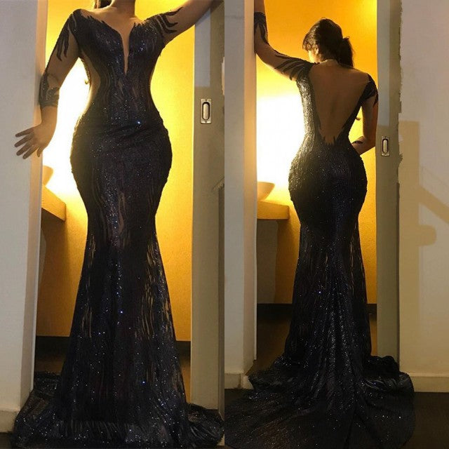 Sexy Black Sequins Prom Gowns | Mermaid Long Sleeve Evening Dresses