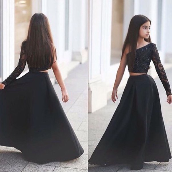 Sexy Black Two Piece Lace Flower Girl Dress Black One Sleeve A-line