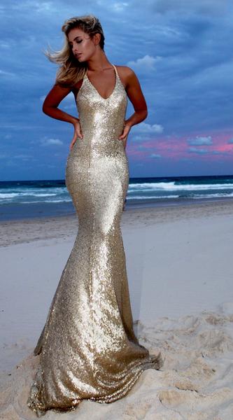Sexy Gold V-Neck Sequins Prom Dresses | Mermaid Backless Evening Gowns