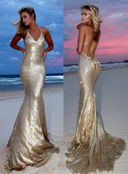 Load image into Gallery viewer, Sexy Gold V-Neck Sequins Prom Dresses | Mermaid Backless Evening Gowns

