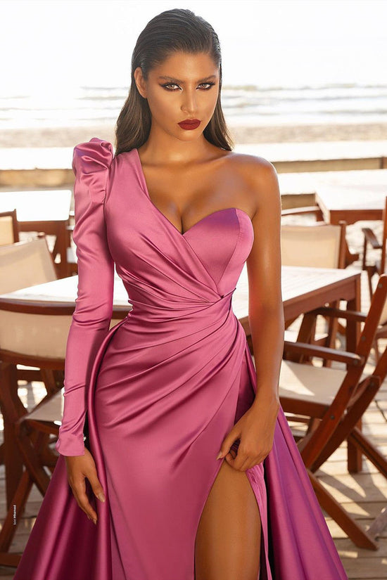 Sexy One Shoulder Satin Evening Maxi Gowns with Sweep Train Side Split Party Dress