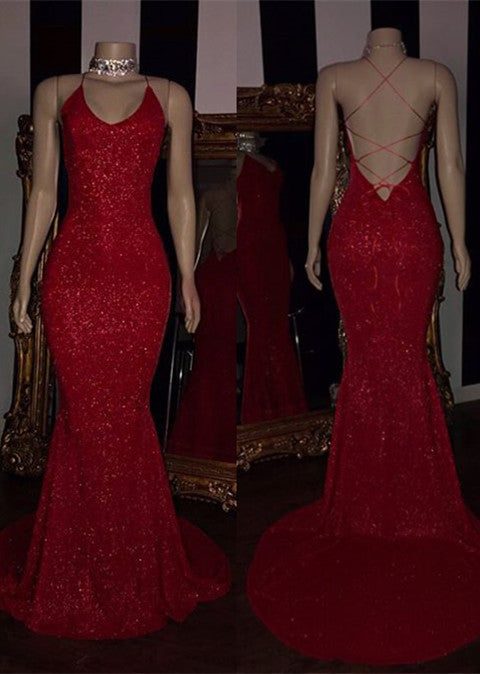 Sexy Red Sequins Prom Dresses | Mermaid Strings Back Evening Gowns BC1379