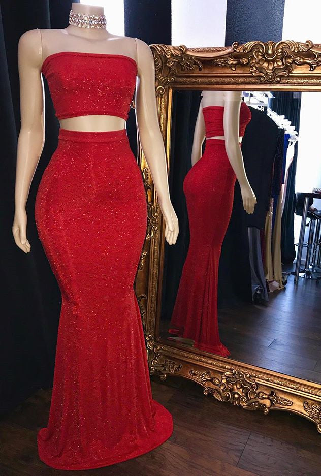 Sexy Red Two Pieces Prom Dress | Mermaid Long Sequins Evening Gowns BC1425