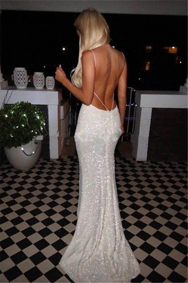 Sexy Sequins White Prom Dresses Front Split Floor Length