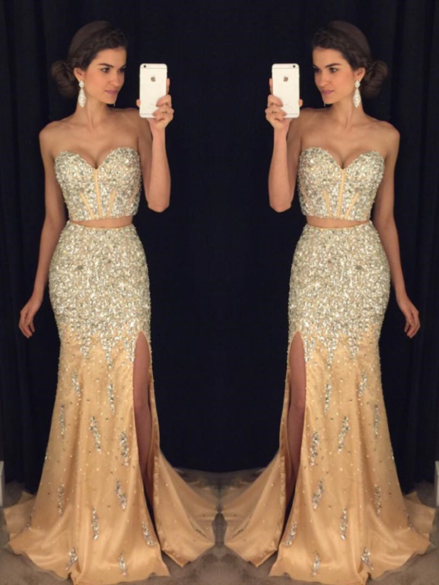 Sexy Sweetheart Neck Two Pieces Mermaid Beaded Champagne Prom Dresses 2019, Two Pieces Mermaid Champagne Formal Dresses, Evening Dresses