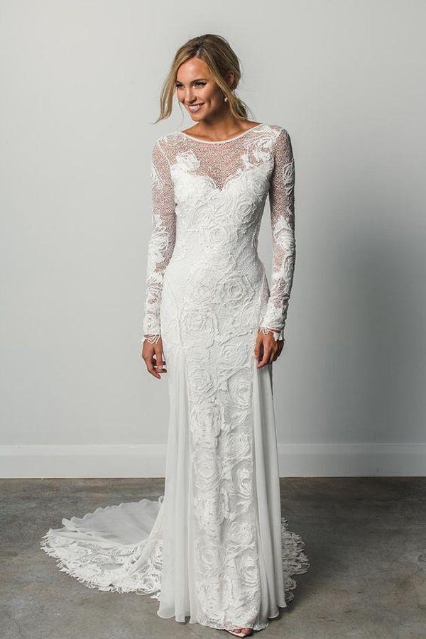 Load image into Gallery viewer, Sheath Illusion Neck Ivory Wedding Dress Rustic Lace Bridal Gown
